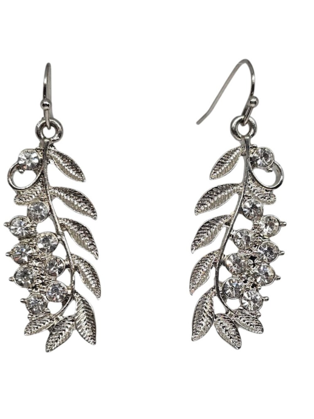 Silver Plated Rhinestone Leaf Earrings Sparkly Crystal Dangle Bridal Drop